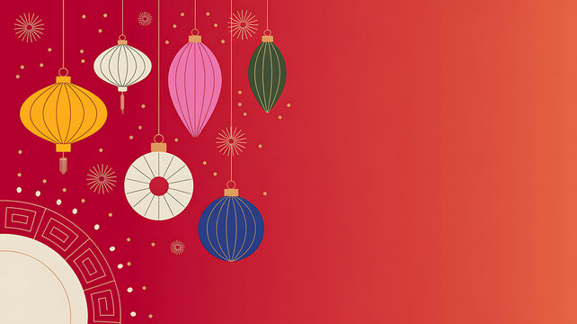 A vibrant arrangement of colorful paper lanterns hangs against a rich red backdrop creating a festive scene