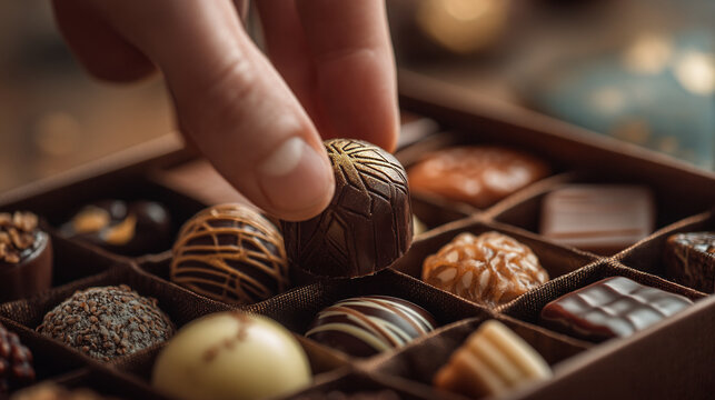 A hand picking up a delicious-looking chocolate from a box of assorted chocolates