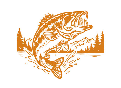 Bass fish illustration. Jumping bass artwork for t shirt print, poster, sticker, background and other uses. Fishing outdoor adventure logo design.