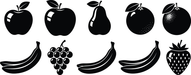 Fruit Silhouette Icon Set Featuring Apple, Pear, Orange, Banana, Grapes and Strawberry, Healthy Food Collection in Black and White Style © Asik