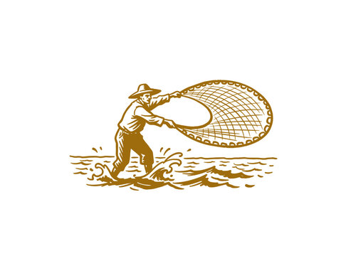 Vintage fisherman throwing net artwork design. Retro outdoor water activity emblem. Nautical adventure illustration for logo and branding. t shirt pri