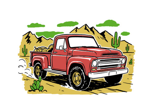 Classic red pickup truck vector illustration. Desert road trip artwork. Vintage adventure t shirt print design. Old truck graphic for poster sticker b