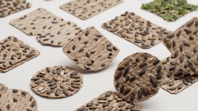 Crispbread Flatbread With Seeds Falling Slowly on White Background