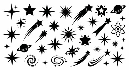 Set of Black Silhouette Space Stars Comets Planets and Cosmic Elements Vector Illustration, Astronomy Shooting Star Galaxy Burst Atom Orbit Icons Pack © Dileesha
