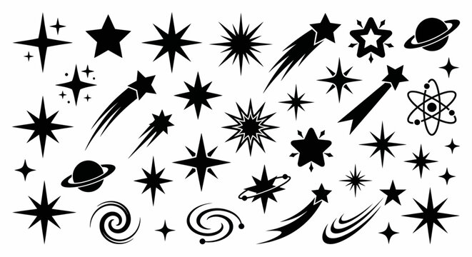 Set of Black Silhouette Space Stars Comets Planets and Cosmic Elements Vector Illustration, Astronomy Shooting Star Galaxy Burst Atom Orbit Icons Pack