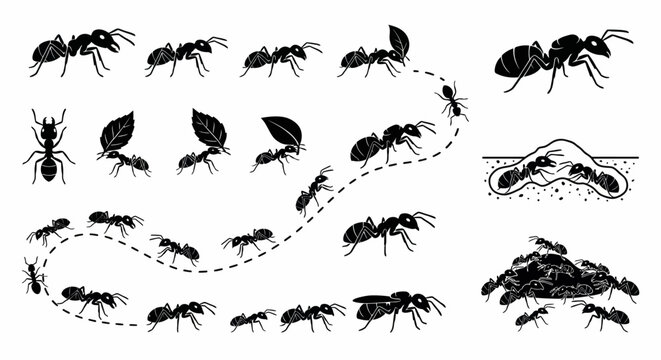 Set of Black Silhouette Ants and Ant Trail Collection Vector Illustration, Marching Ants Silhouettes, Ant Colony Line Trail and Carrying Leaf Icons Pack