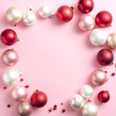 A festive arrangement of colorful Christmas ornaments on a soft pink background