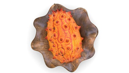 horned melon fruit on wooden bowl