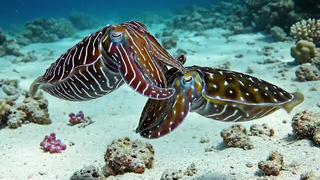 Two vibrant striped octopus swim gracefully through a coral reef ecosystem showcasing intricate patterns and underwater beauty in their natural habitat