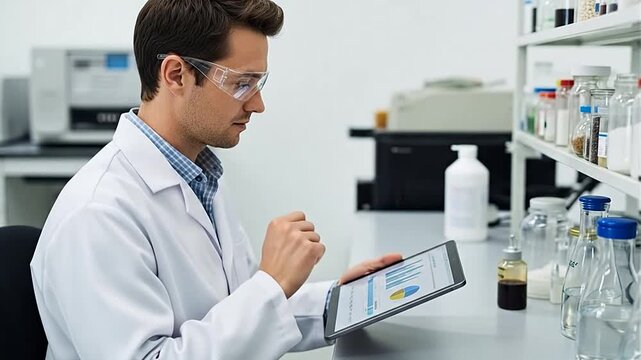 Male scientist in lab coat and safety glasses working on a digital tablet, analyzing data in a bright modern laboratory setting with beakers and flasks on the table.