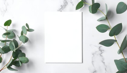 A blank white sheet of paper surrounded by fresh green eucalyptus leaves on a marble surface
