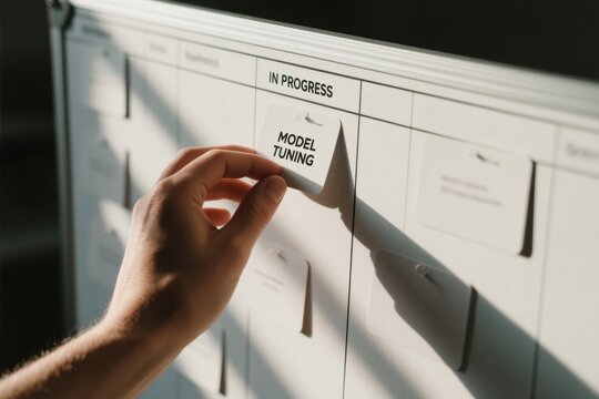 Developer hand places model tuning note on workspace board showing progress in technology development, big data and automation engineer analyze and code with agentic AI