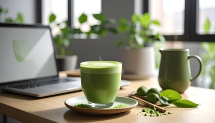 A serene workspace with a matcha latte, laptop, and green plants creating a calming atmosphere