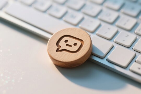 Wooden token with chatbot icon on white keyboard in developer workspace showing ai technology for big data automation and coding engineer analyze development agentic
