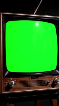 Chroma Key Display with old tv turning on green screen for video masking distortion, overlay, glitch, static noise, scan lines black background, 4k animated loop