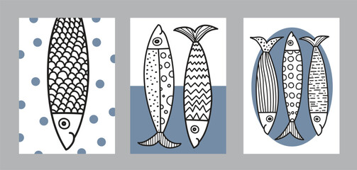 Obraz premium Sardines. Interior poster with fish. Cute set. 