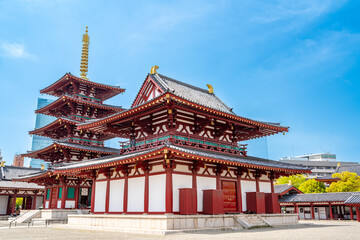 Shitennō-ji Buddhist temple, Osaka, Japan. Famous buddhist temple with a five story pagoda, statues and japanese zen garden, first built in 593 d.C.