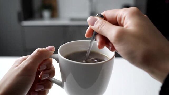 A person's hands hold a cup of coffee and stir the contents from a video pov.
