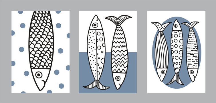 Sardines. Interior poster with fish. Cute set. 