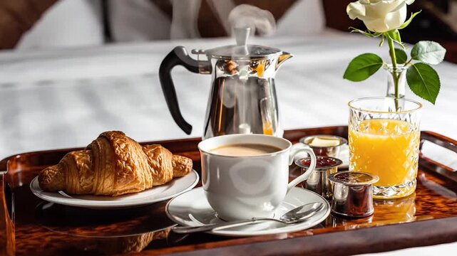 Breakfast tray on a bed coffee, pastry, juice, condiments, a flower