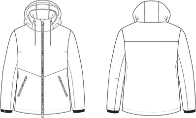 Hooded jacket technical line illustration showing front and back views with zipper pockets drawstrings seams and modern outerwear construction details