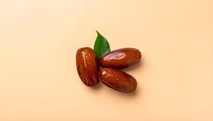 Obraz premium Shiny brown dates with green leaf on peach background