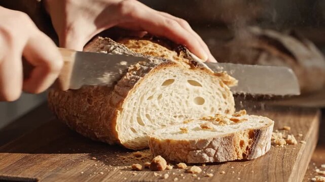 A person slices a rustic loaf of bread on a wooden board creating crumbs and steam
