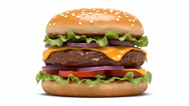 Stacked double cheeseburger with lettuce, tomato, and onion on sesame seed bun