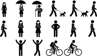 People activity silhouette icon set showing walking standing praying umbrella holding dog walking celebrating cycling characters in simple minimal graphic style