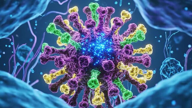 A close-up 3D rendering of a virus particle, vibrant colors and intricate details