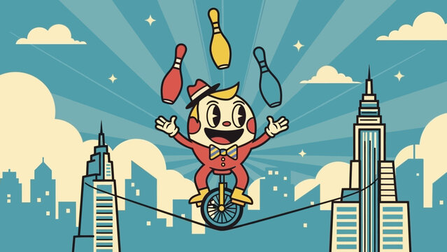 Cartoon Clown Juggling on Unicycle Highwire.
