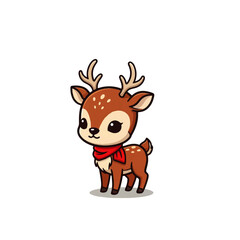 Obraz premium Charming kawaii-style fawn with a red scarf and antlers, isolated on white. A sweet illustration for festive seasons, kids' products, or charming animal themes.