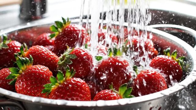 Fresh red strawberries being rinsed under running water in a metal colander showing droplets and reflections