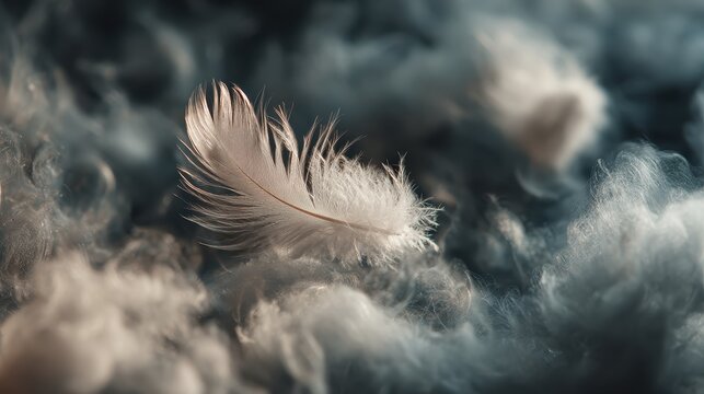 A delicate white feather rests on soft, fluffy material with dark tones. Perfect for themes of lightness, comfort, purity, and peaceful sleep.