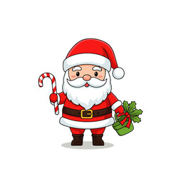 Obraz premium Cute cartoon Santa Claus holding a candy cane and a festive green gift, perfect for Christmas and holiday season designs and greetings.