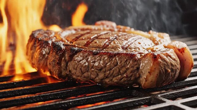 A thick cut of meat sizzling on a hot grill with flames rising around it and smoke wafting upwards Grilled lines are visible on the surface