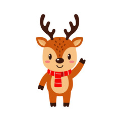 Obraz premium Adorable cartoon reindeer wearing a red and white striped scarf, smiling and waving a friendly greeting. Isolated on a white background, perfect for holiday and winter designs.