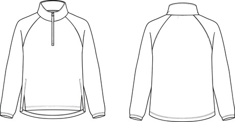 Technical flat sketch of half zip pullover with raglan sleeves high collar clean outline fashion garment template illustration for apparel design © MdAnoar