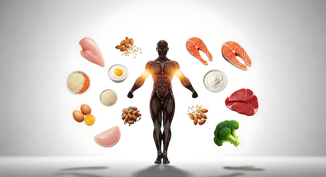 Power of Protein Key food sources surrounding a strong human body, illustrating optimal nutrition for vitality, strength, and overall well-being