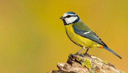 Obraz premium Vibrant blue tit perched on mossy log against sunny yellow background