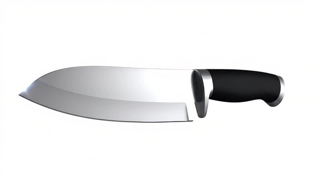 Sleek chef knife with dark metal blade and black handle against white background