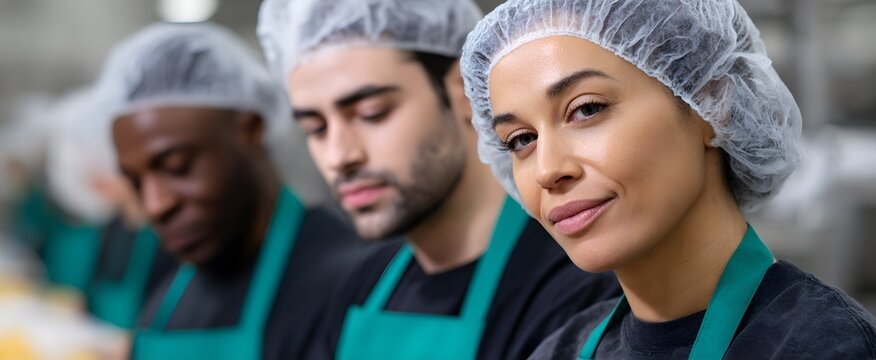 assembly line team efficiently preparing fresh food wearing clean hairnets and aprons