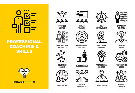 Vector set of professional coaching and skills line icons. Pixel perfect 48X48 size grid with adjustable strokes. Professional symbols for personal growth, mentoring and business success