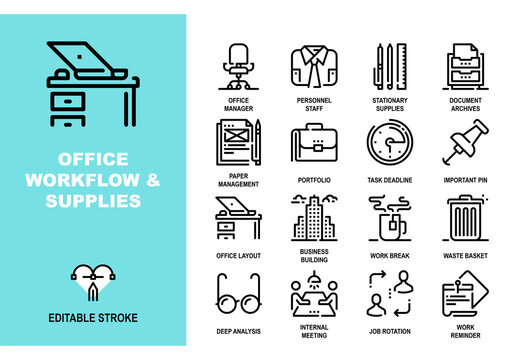 Vector set of office workflow and supplies line icons. Pixel perfect 48X48 size grid with adjustable strokes. Professional symbols for workplace management and daily business routine
