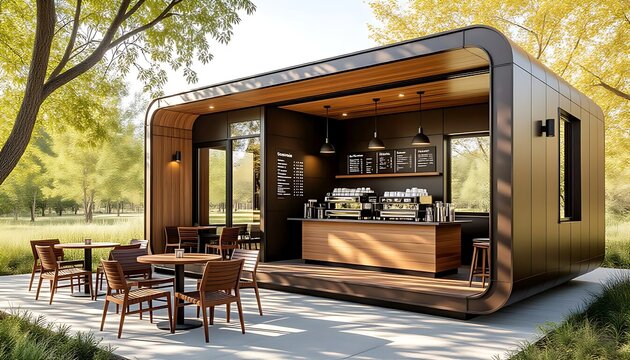 Modern outdoor coffee shop features a modern prefab home with brown frame and counter displays coffee, including dining table area