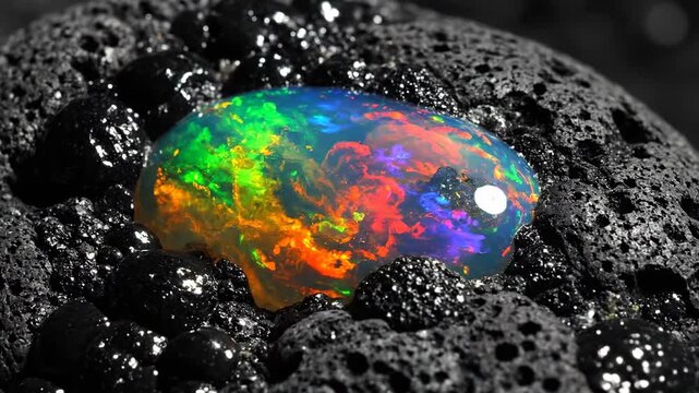 Fiery Opal Shimmers on Dark Volcanic Rock