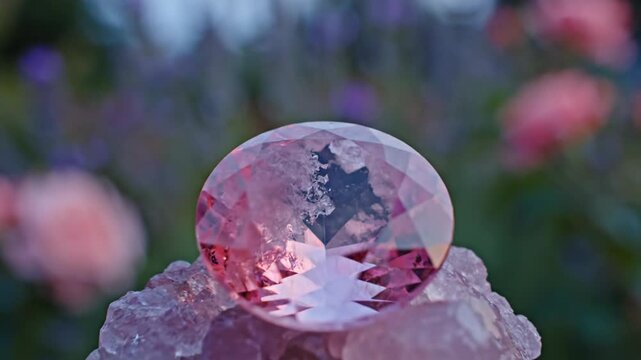 A faceted kunzite gemstone with soft rosy light reflecting from a tranquil garden setting, highlighting its natural beauty and precious allure.