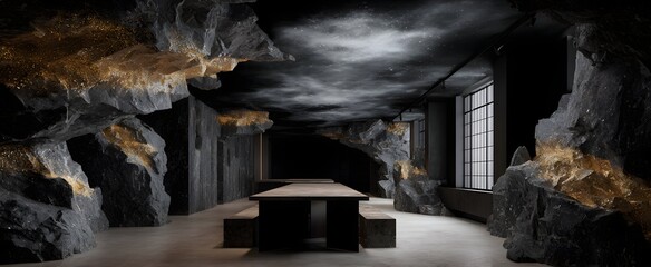 Naklejka premium Innovative workspace featuring rugged raw stone and vibrant steaming geothermal springs.