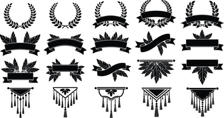 Vintage wreath and banner silhouette collection featuring laurel leaves decorative frames floral elements tassel ornaments elegant labels and classic emblem designs © MdAnoar