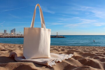 Blank canvas tote bag on a beach towel by the blue sea. Ideal for sustainable branding, summer mockups, and travel themes.